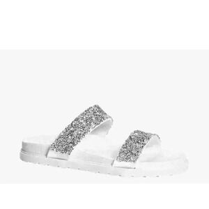 NEW NIB Boohoo Keira Caviar Bead Double Band White Sliders Slides Size 5UK, 7US